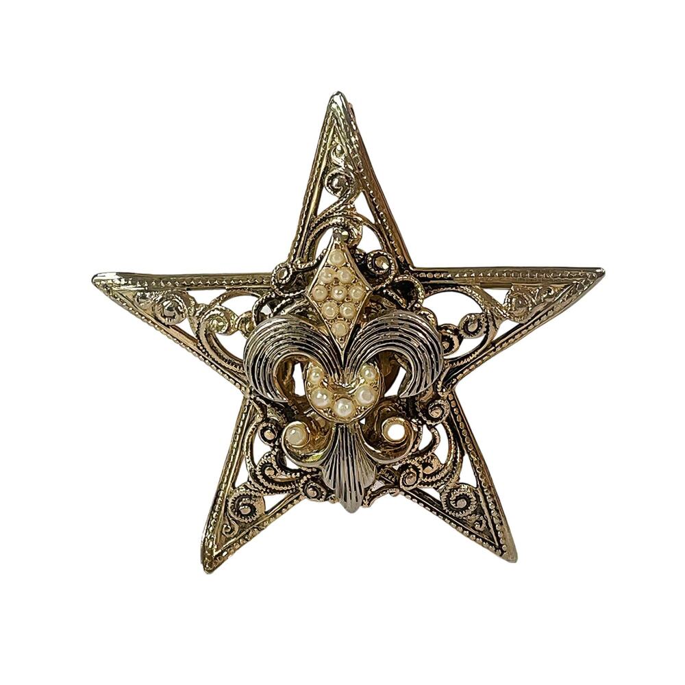 1960s Marino Gold Plate Faux Seed Pearls Star with Fleur de Lis Brooch Pendant